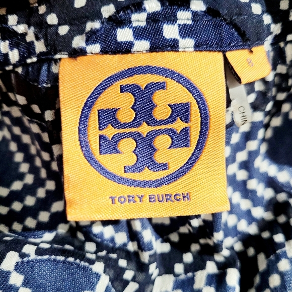 Tory Burch Women's Navy Blue Geometric Print Silk Blend Ruffle Tunic Top Size 8 - Picture 11 of 13
